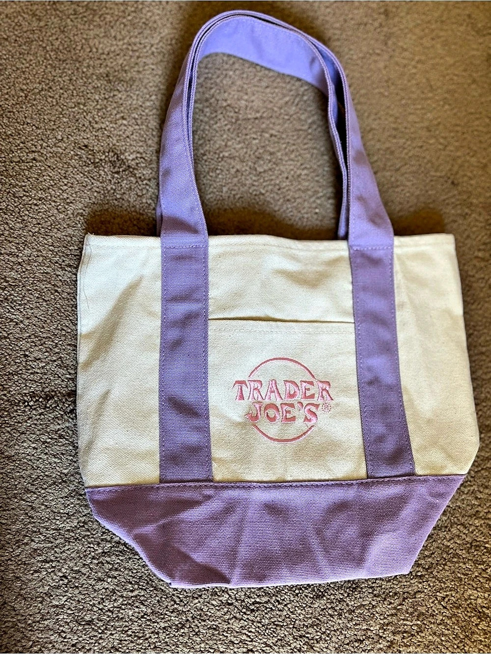 Authentic Trader Joe's Mini Pastel Canvas Tote Bag Lavender, Pin & Cream